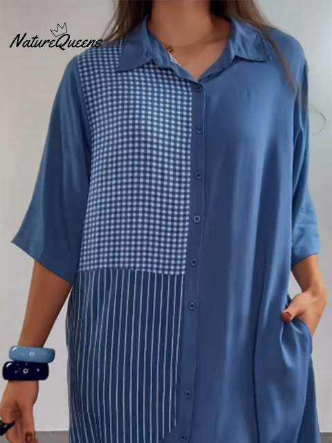 Women's Printed Patchwork Cotton Shirt Dress