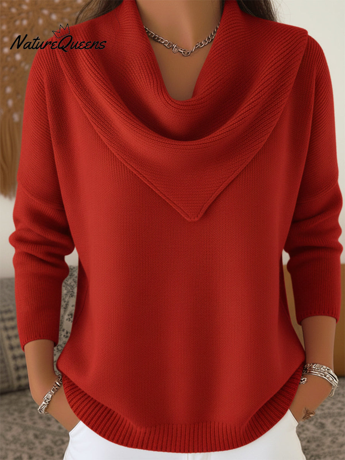 Elegant Retro Soft Triangle Neck Solid Color Sweater Top
