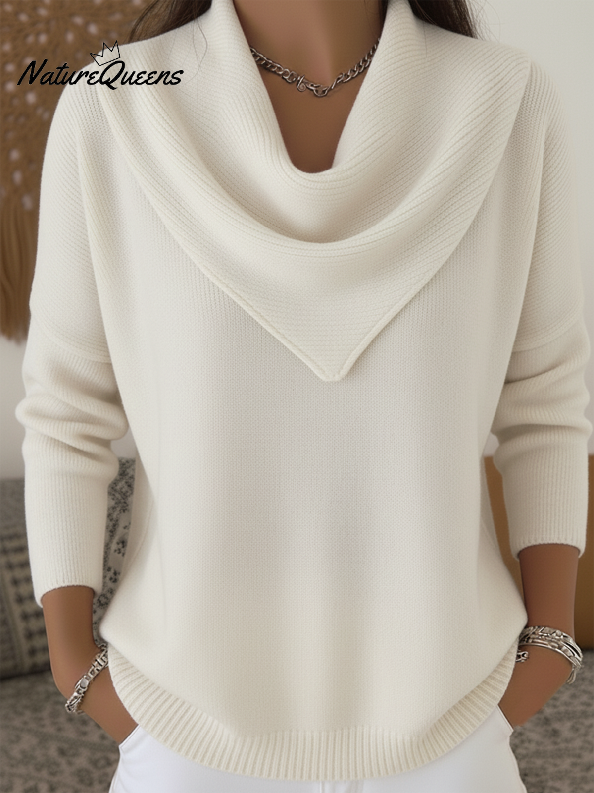 Elegant Retro Soft Triangle Neck Solid Color Sweater Top