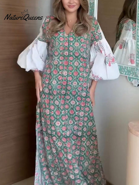 Women's Floral Print Loose Lantern Sleeve Kaftan Dress