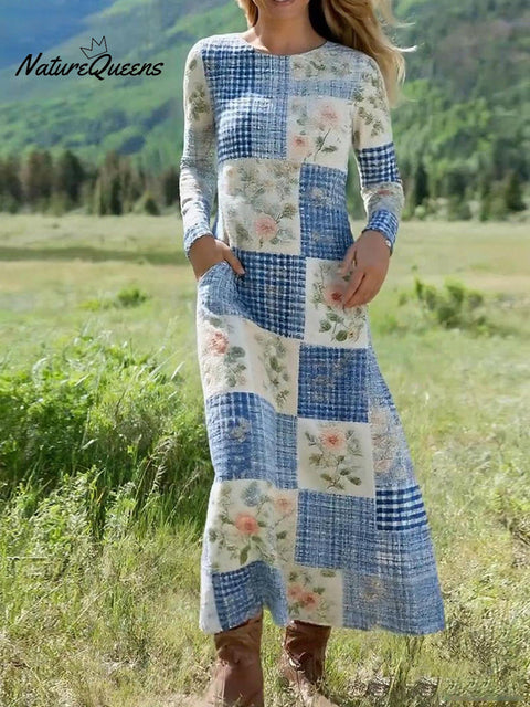 Women's Textured Floral Plaid Patchwork Print Stretch Dress