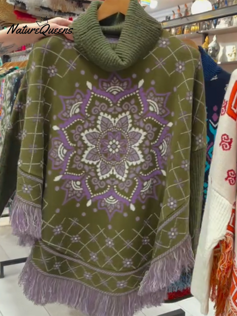 TEMPORADA Fringed Turtleneck Cape Sweater