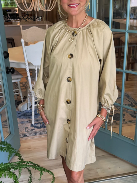 Women's Autumn Buttoned Lantern Sleeve Cotton Dress