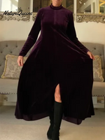 Women's Soft Velvet A-line Hem Slit Midi Dress