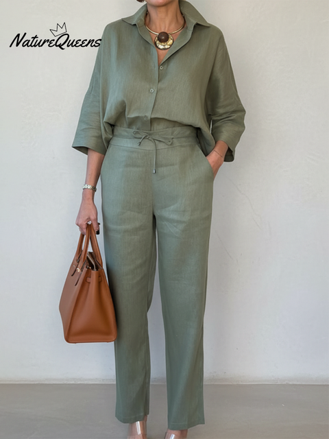 Women's Elegant Solid Color Lapel Linen Shirt and Trousers Two-piece Suit
