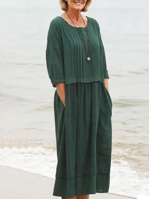 Women's Accordion Pleated Round Neck Cotton and Linen Dress