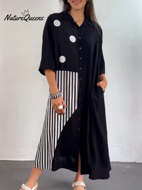 Women's Printed Patchwork Cotton Shirt Dress