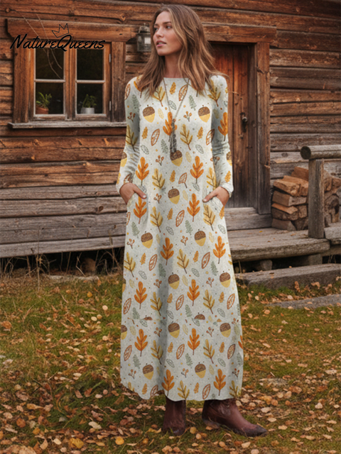 Forest Autumn Pine Cone Leaf Print Knitted Dress