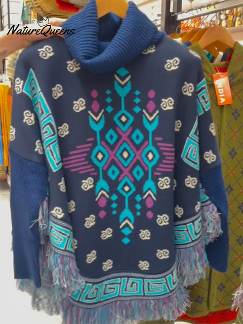 TEMPORADA Fringed Turtleneck Cape Sweater