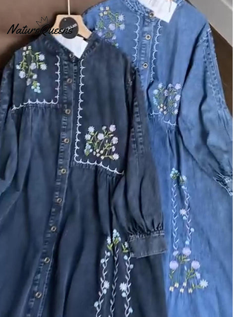 Floral Embroidery Denim Long-Sleeve Loose Dress