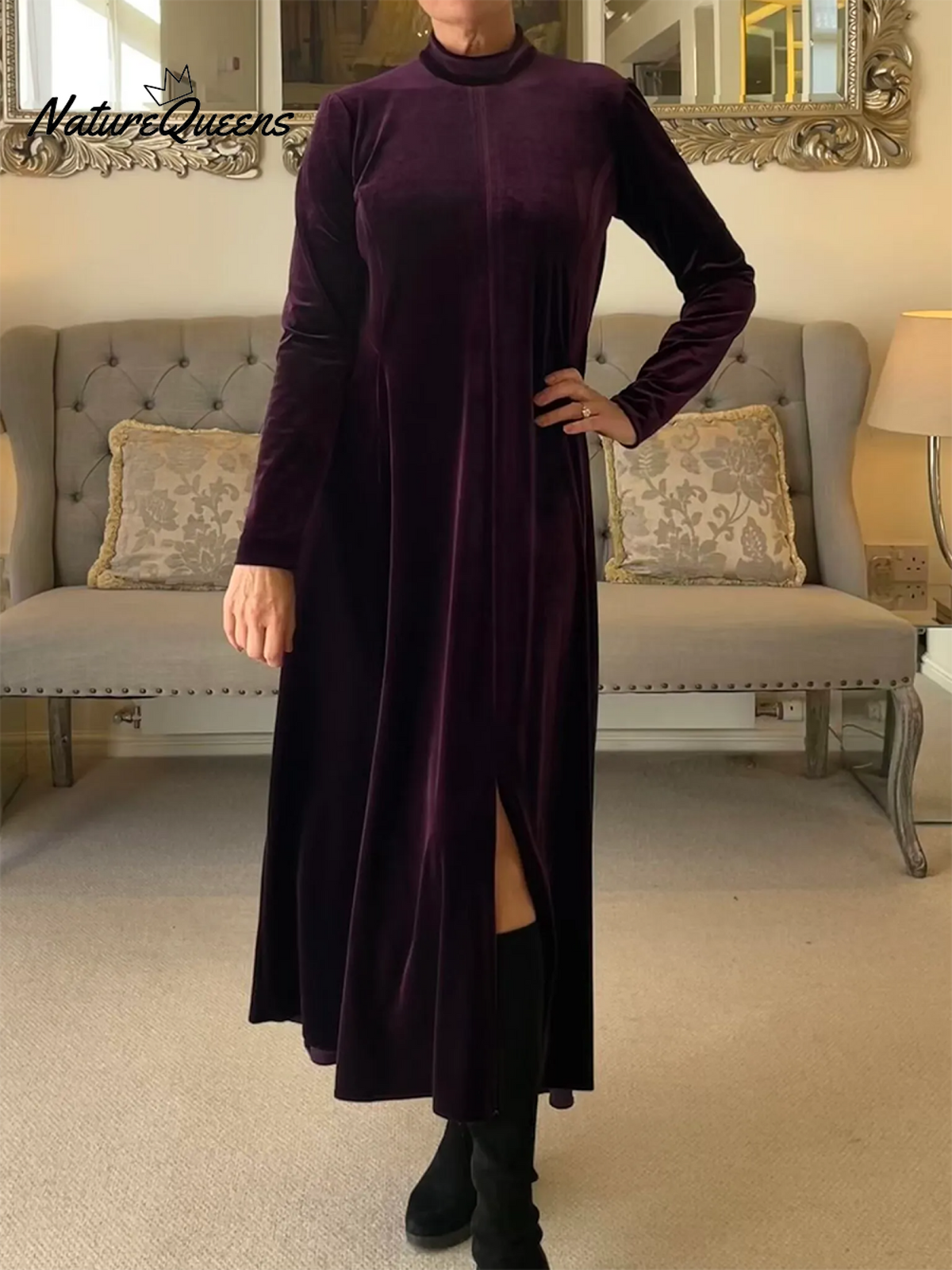 Women's Soft Velvet A-line Hem Slit Midi Dress