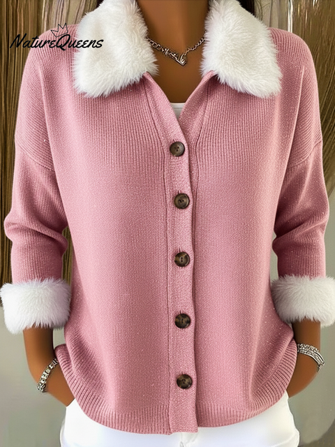 Christmas Casual Faux Rabbit Fur Collar Button Cardigan Sweater