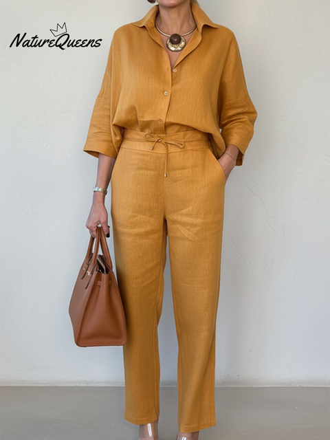 Women's Elegant Solid Color Lapel Linen Shirt and Trousers Two-piece Suit