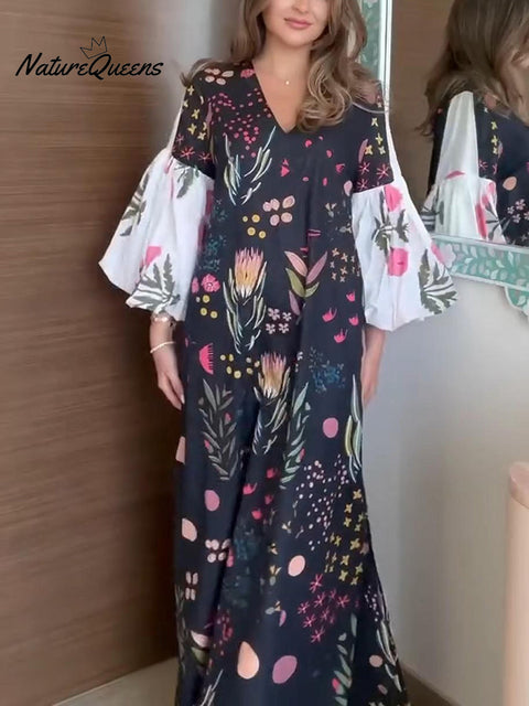 Women's Floral Print Loose Lantern Sleeve Kaftan Dress