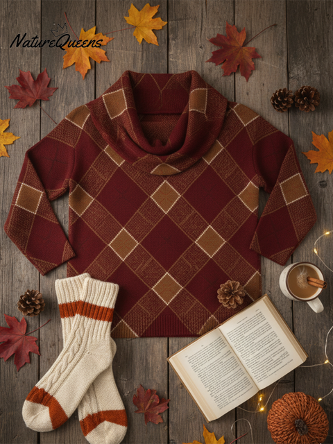 Retro Women's Mellow Red Wine Plaid Cowl Neck Sweater Top