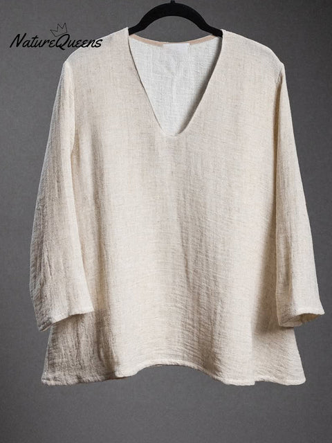 Women's V-neck Loose Solid Color Linen Top