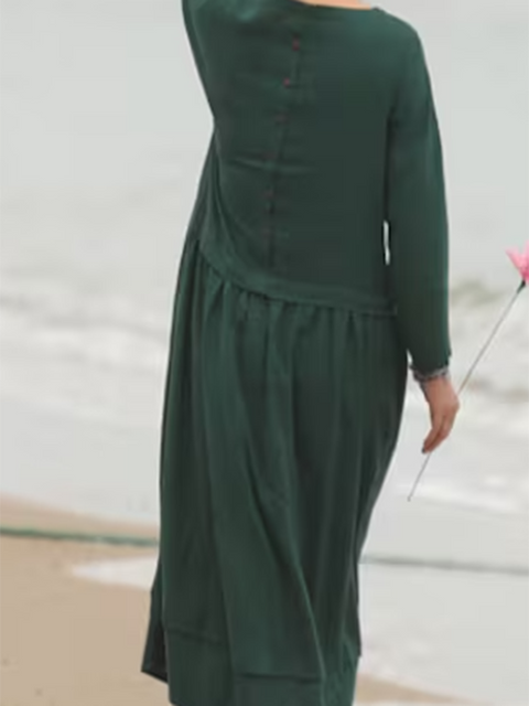 Women's Accordion Pleated Round Neck Cotton and Linen Dress