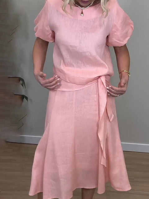 Women's Elegant Puff Sleeve Top and Skirt Linen Two-piece Suit