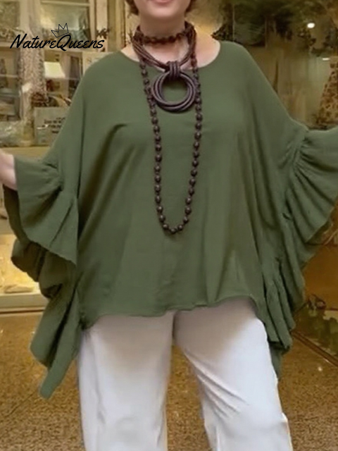 Women's Boho Batwing Sleeve Ruffled Cotton and Linen Top