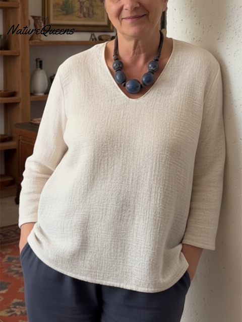 Women's V-neck Loose Solid Color Linen Top