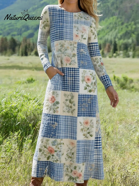 Women's Textured Floral Plaid Patchwork Print Stretch Dress