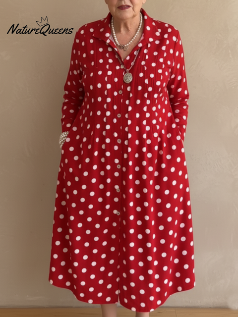 Women's Retro Pleated Polka Dot Print Lapel Midi Dress