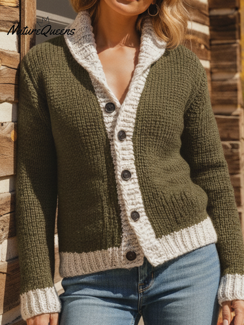 Women's Retro Contrast Lapel V-Neck Button Cardigan Sweater