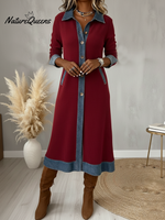 Casual Denim Patchwork Corduroy A-line Midi Dress