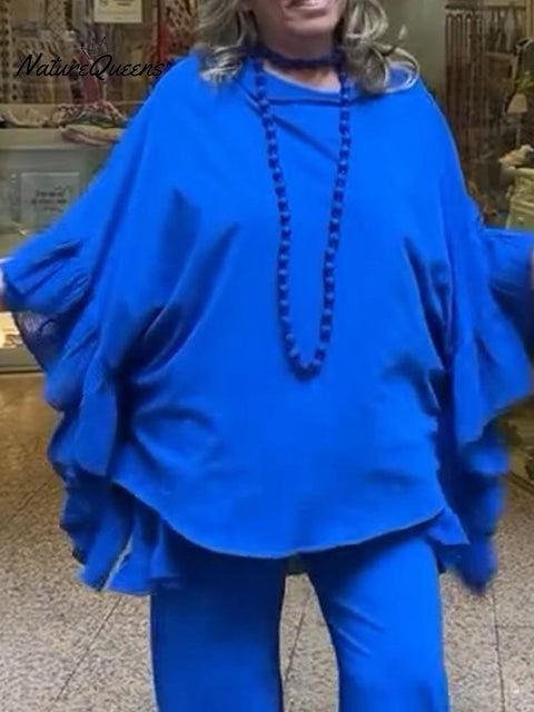 Women's Boho Batwing Sleeve Ruffled Cotton and Linen Top