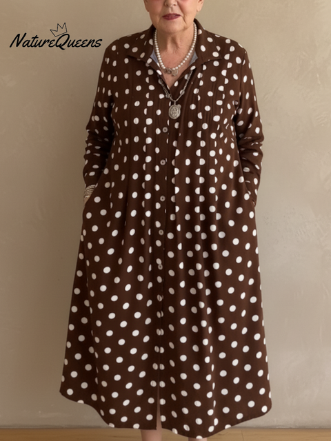 Women's Retro Pleated Polka Dot Print Lapel Midi Dress