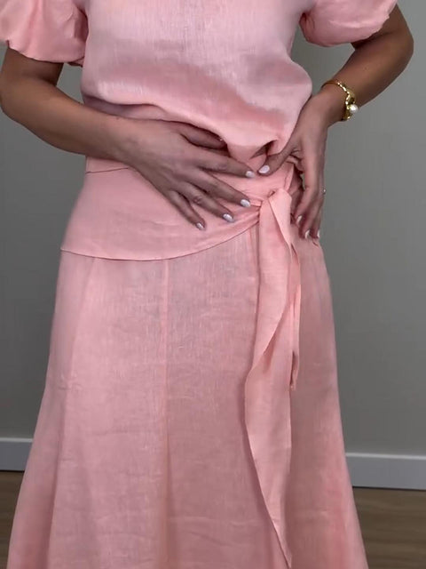 Women's Elegant Puff Sleeve Top and Skirt Linen Two-piece Suit