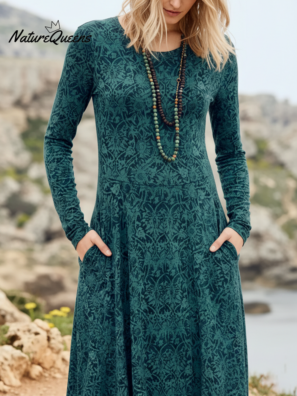 Bohemian Floral Print Crew Neck Stretch-knit Dress