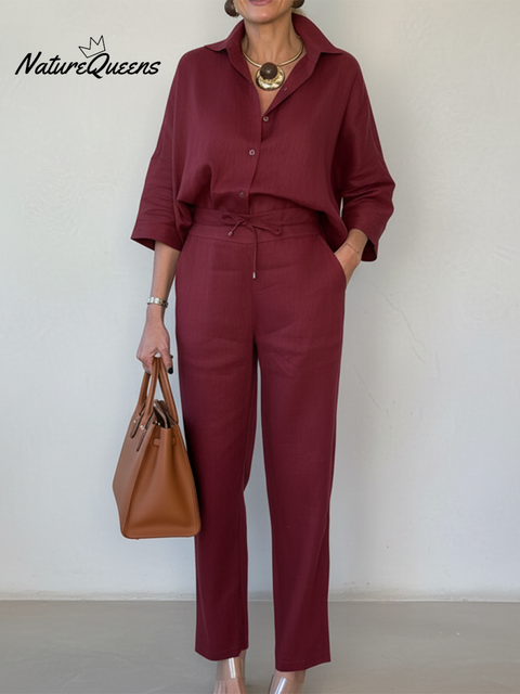Women's Elegant Solid Color Lapel Linen Shirt and Trousers Two-piece Suit