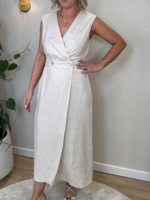 Women's Elegant Button V-Neck Linen Dress