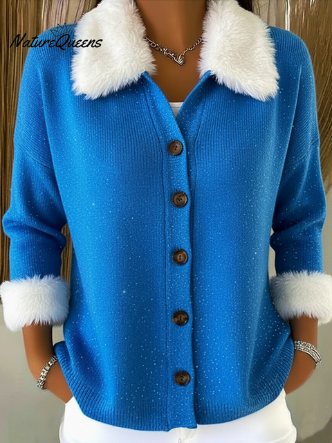 Christmas Casual Faux Rabbit Fur Collar Button Cardigan Sweater