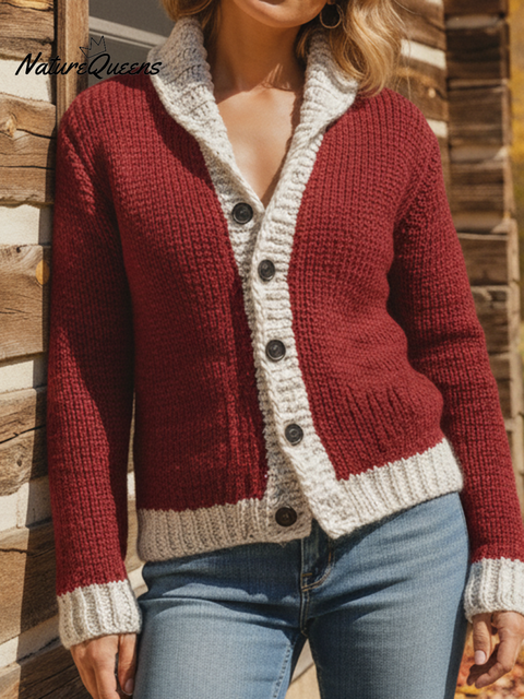 Women's Retro Contrast Lapel V-Neck Button Cardigan Sweater