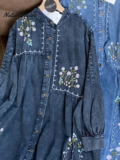 Floral Embroidery Denim Long-Sleeve Loose Dress