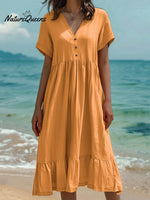 Women's Vintage Cotton and Linen V-Neck Casual Dress
