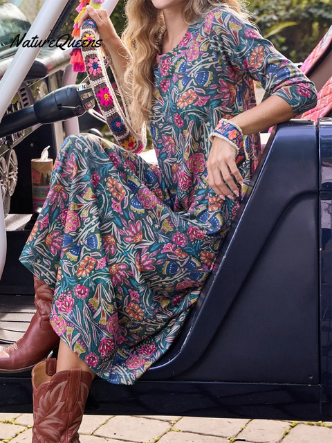 Bohemian Retro Pastoral Vine Print Knitted Stretch Dress