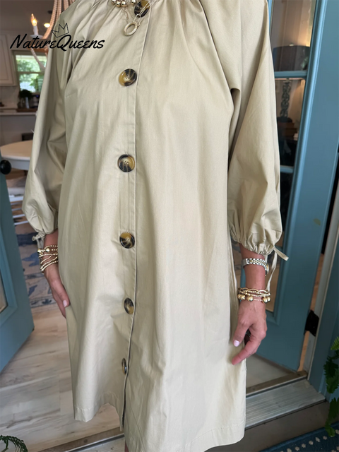 Women's Autumn Buttoned Lantern Sleeve Cotton Dress
