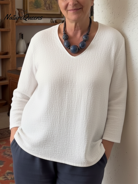 Women's V-neck Loose Solid Color Linen Top