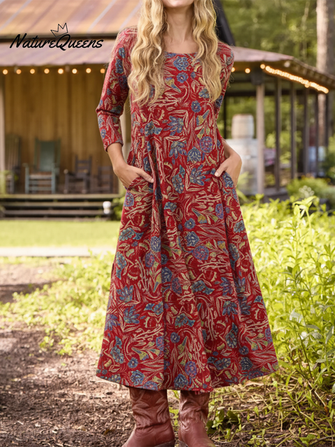 Bohemian Retro Pastoral Vine Print Knitted Stretch Dress