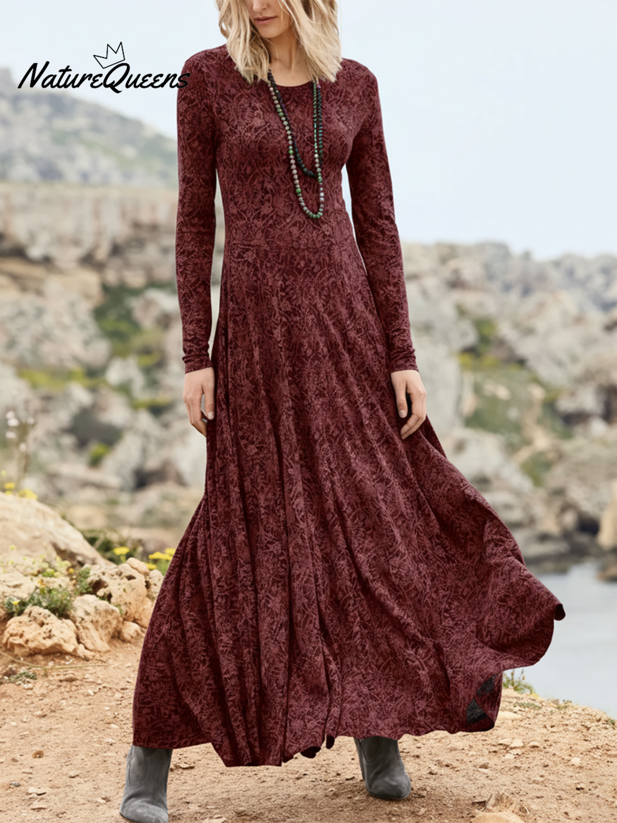 Bohemian Floral Print Crew Neck Stretch-knit Dress