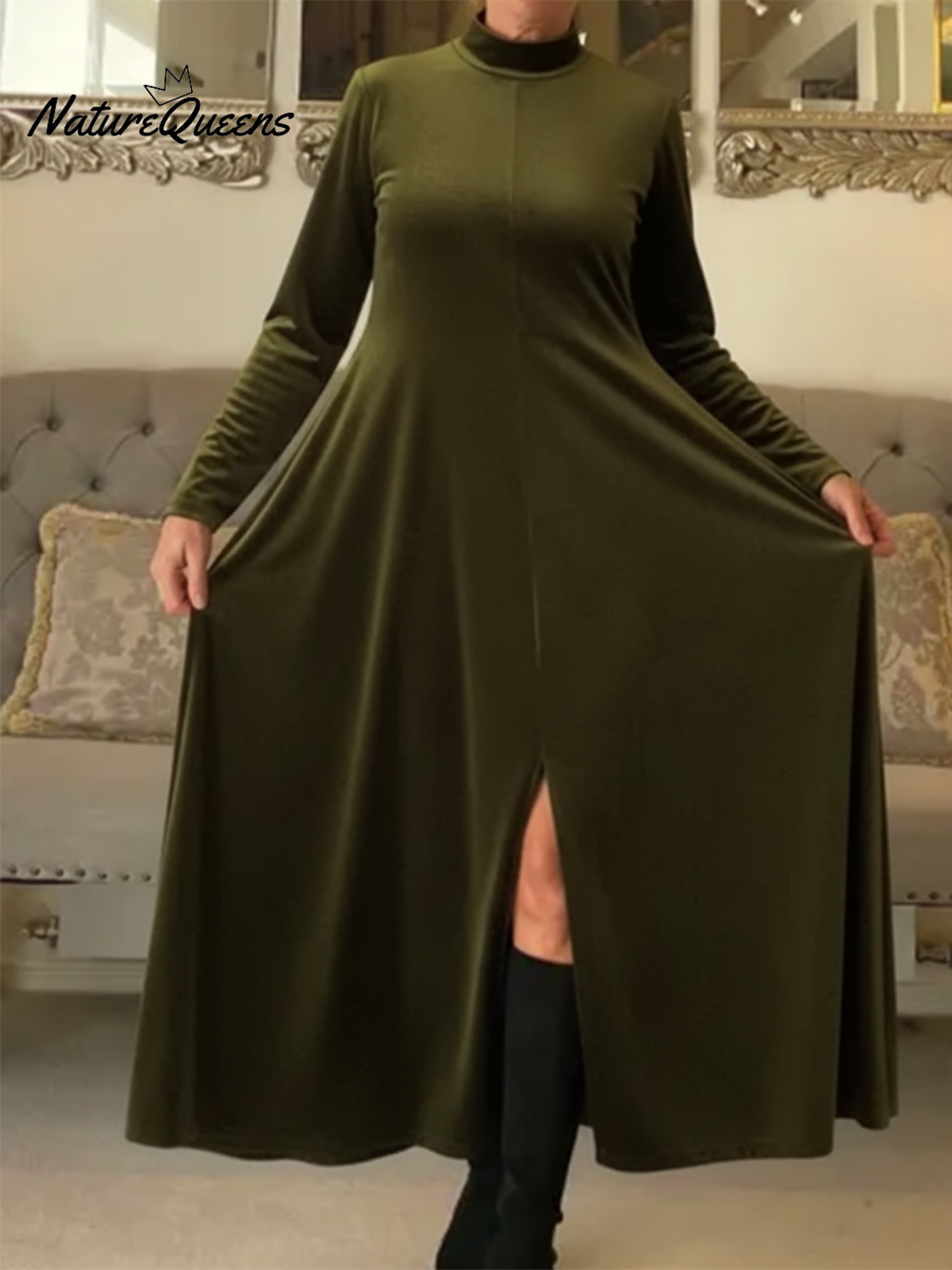 Women's Soft Velvet A-line Hem Slit Midi Dress