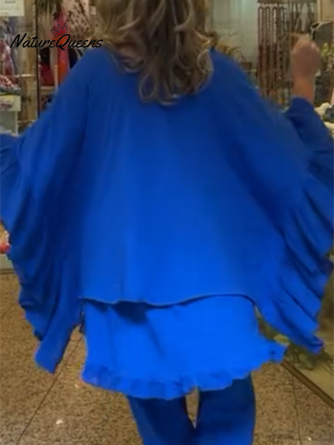 Women's Boho Batwing Sleeve Ruffled Cotton and Linen Top