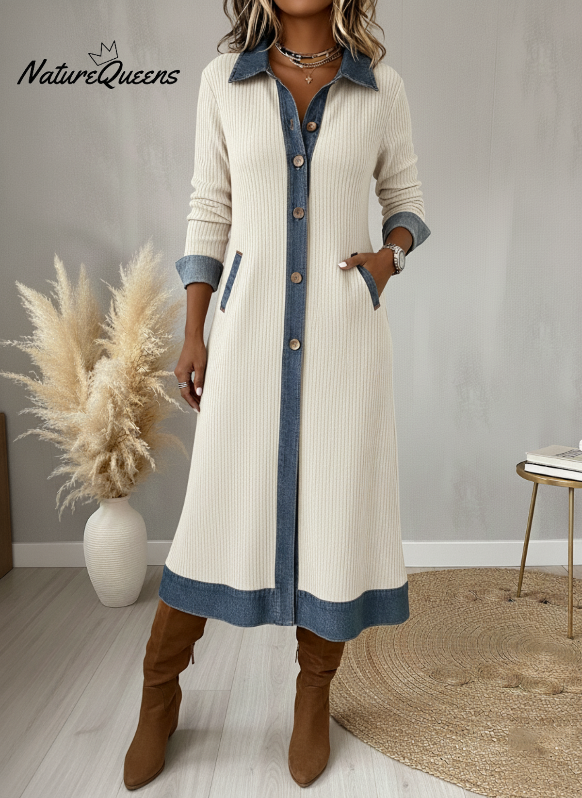 Casual Denim Patchwork Corduroy A-line Midi Dress