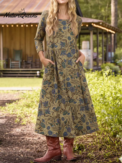 Bohemian Retro Pastoral Vine Print Knitted Stretch Dress