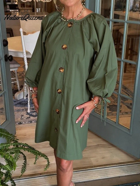 Women's Autumn Buttoned Lantern Sleeve Cotton Dress