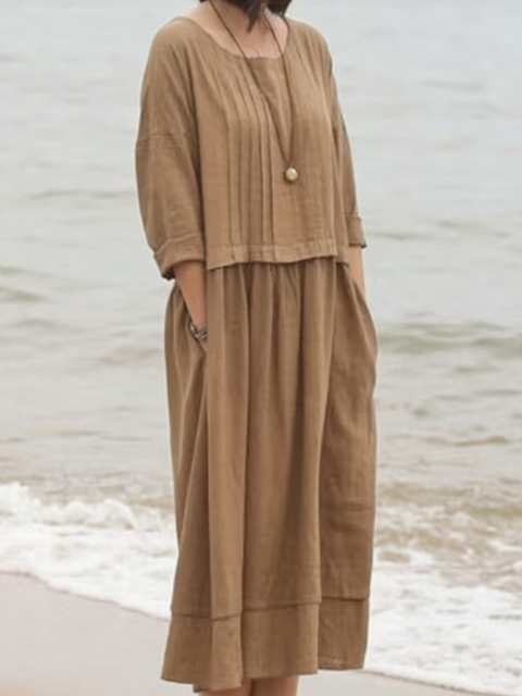 Women's Accordion Pleated Round Neck Cotton and Linen Dress
