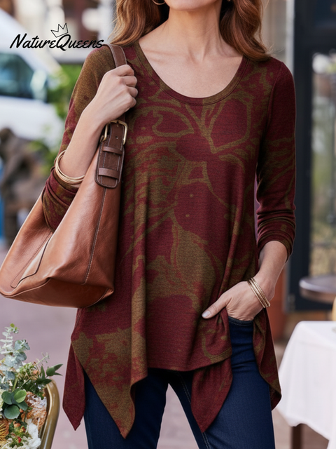 Elegant and Soft Art Print Irregular Hem Round Neck Knit Top